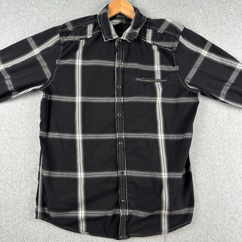 INC Button Up Mens L Black Plaid International Concepts Distressed Snap Shirt